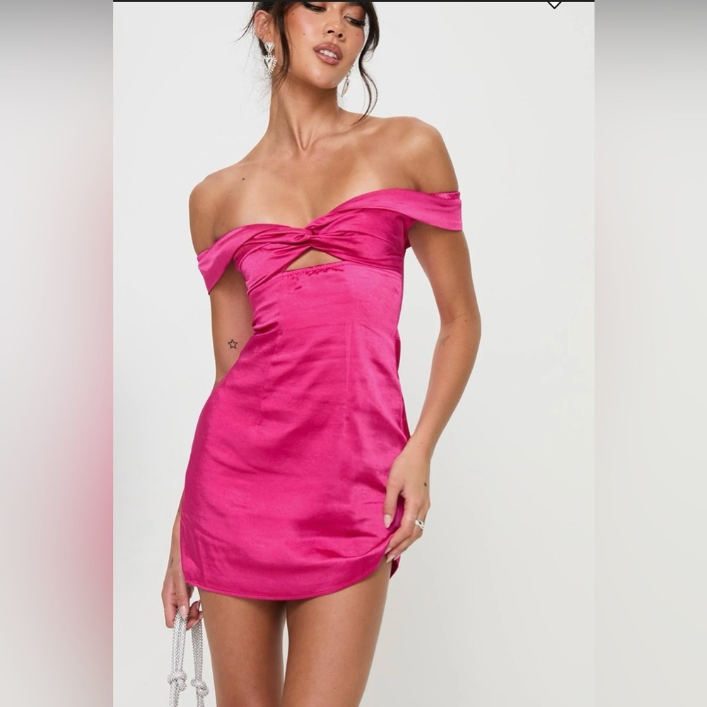 NWT Size 10 Princess Polly Hot Pink Rava Off-Shoulder Mini Dress